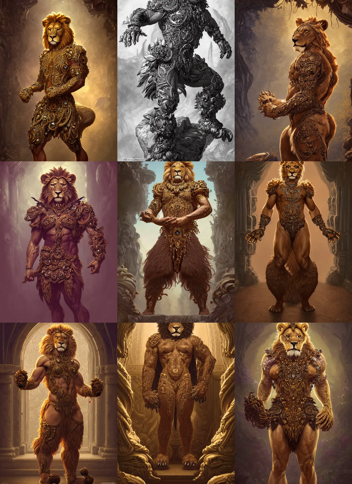 Prompt: full body photograph of a muscular male anthropomorphic lion man fursona in a ornate ballgown, deep focus, intricate, elegant, highly detailed, digital painting, artstation, concept art, matte, sharp focus, illustration, d & d, fantasy, hearthstone, art by artgerm and greg rutkowski and alphonse mucha