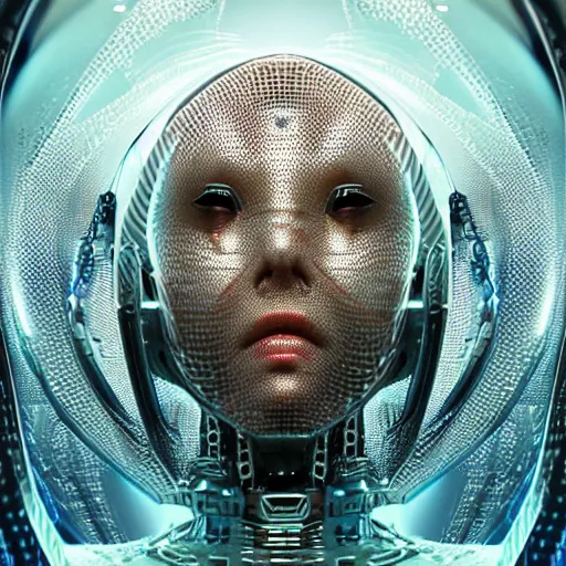 Prompt: an insanely detailed cibernetic artwork of a futuristic artificial intelligence superstar, extremely detailed water texture, centered image, perfectly symmetrical alien face, with frames made of detailed fractals, octane render, 4k, insanely detailed, detailed grid as background, photorealistic digital art, cgi