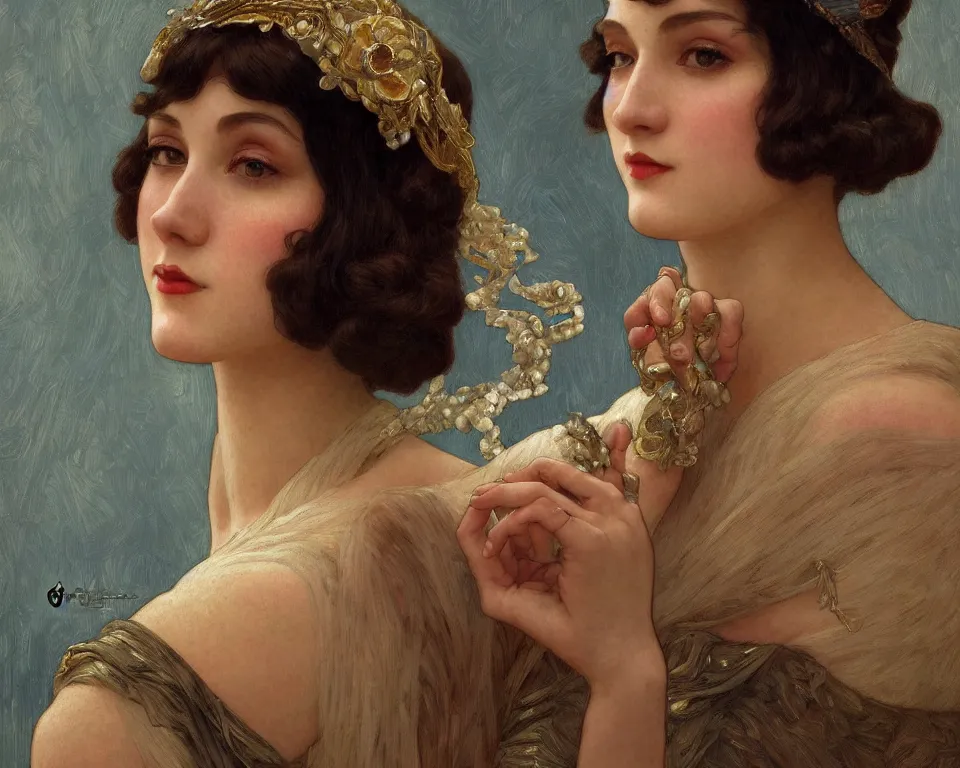 Image similar to portrait beautiful flapper girl, intricate, elegant, highly detailed, 1 9 2 0's style speakeasy, digital painting, artstation, concept art, smooth, sharp focus, illustration, art by artgerm and greg rutkowski and alphonse mucha and william - adolphe bouguereau