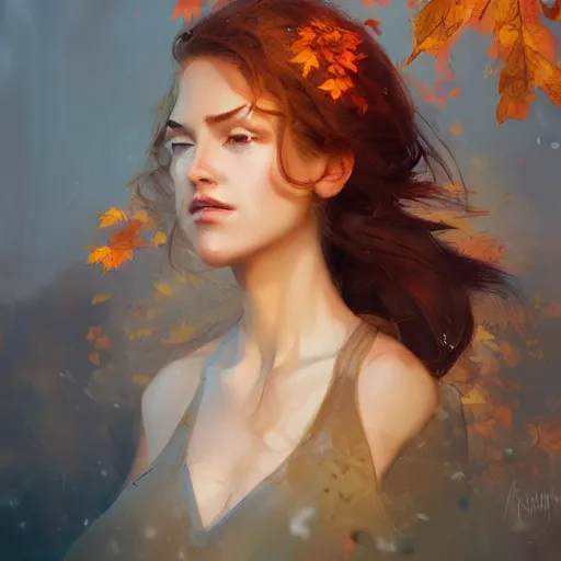 Image similar to portrait of a beautiful autumn fairy by greg rutkowski, fantasy, realism, trending on artstation