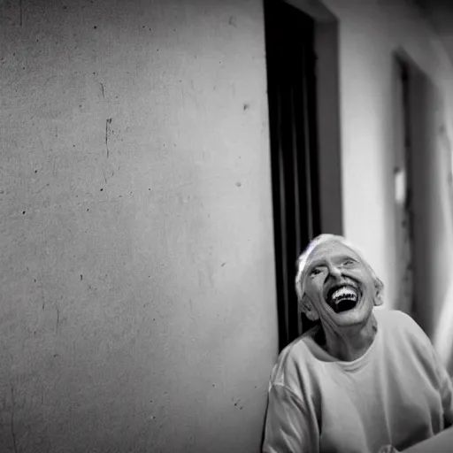 Image similar to scary old lady laughing in an abandoned prison, security camera, black and white, real