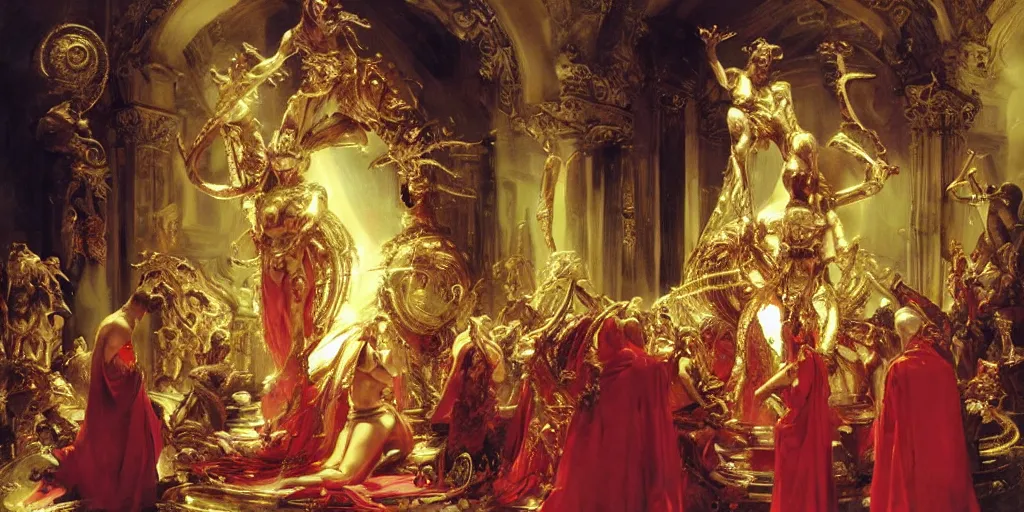 Image similar to beautiful oil painting, high details, alien in royal crimson robes enthroned as the alien god emperor of ancient civilization surrounded by servants in gilded halls a golden wreath upon his head, by anders zorn, wonderful masterpiece by greg rutkowski, beautiful cinematic light, american romanticism, by giger, rolf armstrong, ernie barnes, thomas lawrence, greg rutkowski