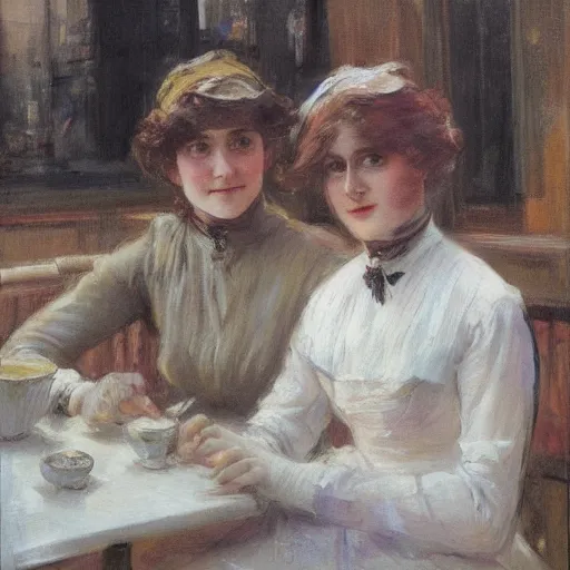 Image similar to two young edwardian women in a cafe in paris, in the style of anders zorn