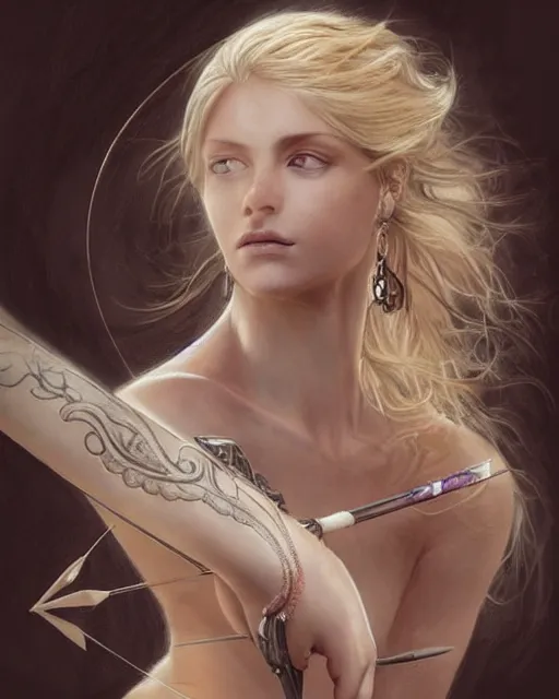 Image similar to tattoo sketch of beautiful greek goddess aphrodite holding a bow and arrow, arrowhead earrings, beautiful piercing eyes, flowing blonde hair, realistic face, hyper realistic, in the style of greg rutkowski, fantasy, amazing detail, epic, intricate, elegant, smooth, sharp focus