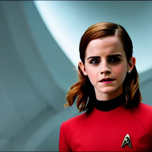 Image similar to Emma Watson in Star Trek, XF IQ4, f/1.4, ISO 200, 1/160s, 8K, Sense of Depth, color and contrast corrected, unedited, Dolby Vision, symmetrical balance, in-frame