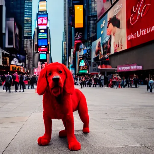 Image similar to Clifford the big red dog photographed in New York City, Times Square avenue barking at random tourists, 4k, detailed