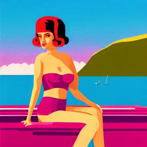 Image similar to a painting of a woman in a bathing suit sitting on a boat, an art deco painting by tom whalen, trending on behance, art deco, digital illustration, storybook illustration, art deco, flat shading, vector art, airbrush