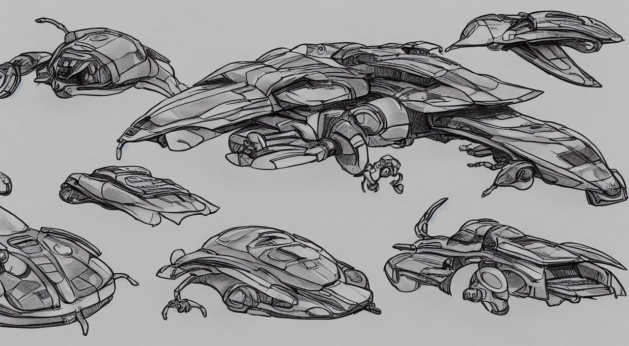 Prompt: beetle spaceship sketches