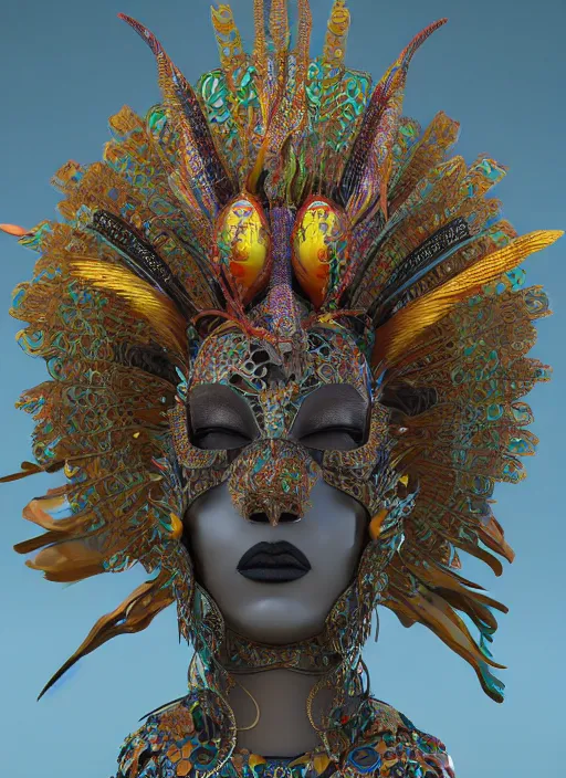 Image similar to 3 d goddess close - up profile portrait. beautiful intricate highly detailed mexican magpie helm and traditional mexican huipil! quetzalcoatl, stingray, bio luminescent, plasma, lava, ice, water, wind, stormy, creature, artwork by tooth wu and wlop and annie leibovitz, octane 3 d render