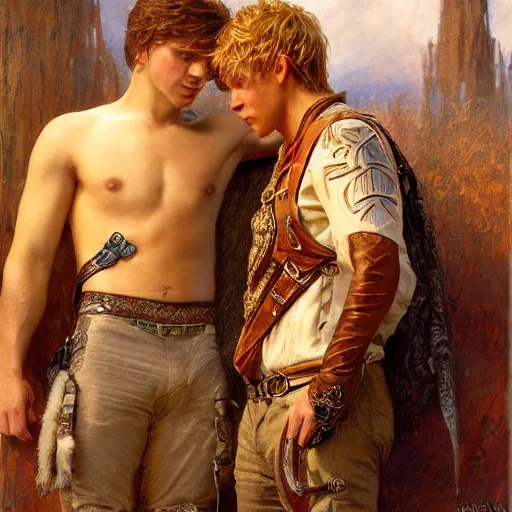 Image similar to attractive male, arthur pendragon who has blond hair confesses his love to attractive male, merlin who has dark hair. highly detailed painting by gaston bussiere, craig mullins, j. c. leyendecker 8 k