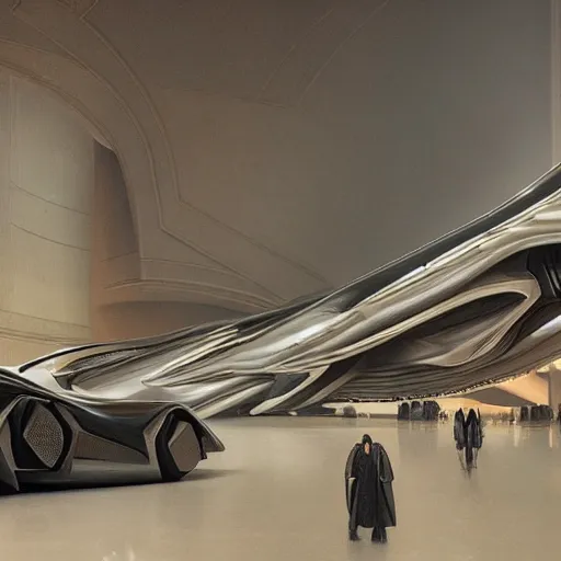 Prompt: sci-fi organic zaha hadid car 30% size and wall structure in the coronation of napoleon painting by Jacques-Louis David and in the blade runner 2049 film search pinterest keyshot product render 4k in dark plastic