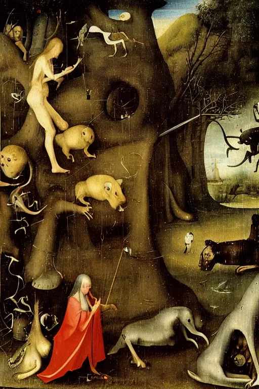 Prompt: Orpheus charming the beasts by Hieronymus Bosch