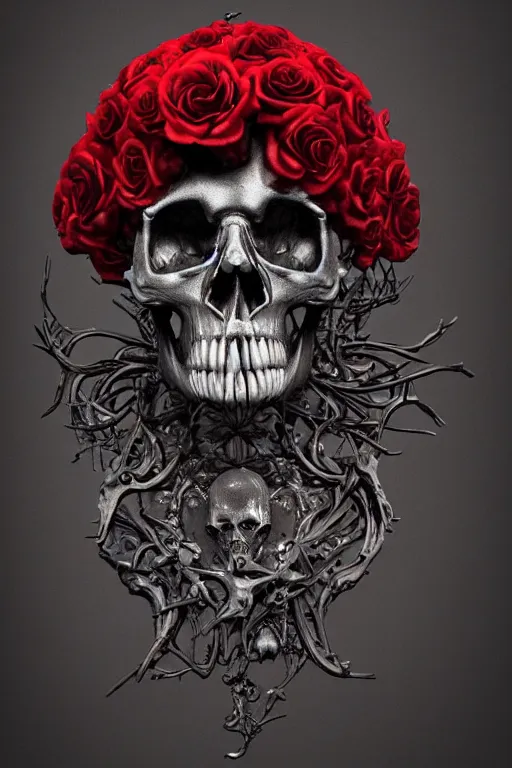 Image similar to skull made of red roses, organic horror, devil, death, giger, epic, baroque, art nouveau, james jean, photorealistic render, 3 ds max + v - ray, extremely detailed and intricate, center composition, elegant, vfx, unreal engine 5, octane render, extremely contrast, extremely sharp lines