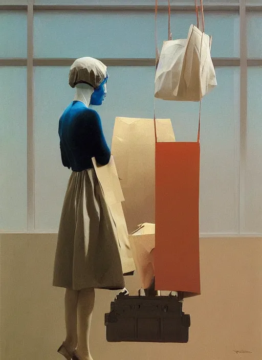 Prompt: women in paper bag over the head with portable oxygen tank Edward Hopper and James Gilleard, Zdzislaw Beksinski, highly detailed