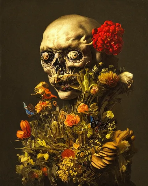 Image similar to oil painting portrait dark background of a mutant man with a strange disturbing face made of flowers and insects by otto marseus van schriek rachel ruysch christian rex van minnen dutch golden age dramatic lighting chiaroscuro