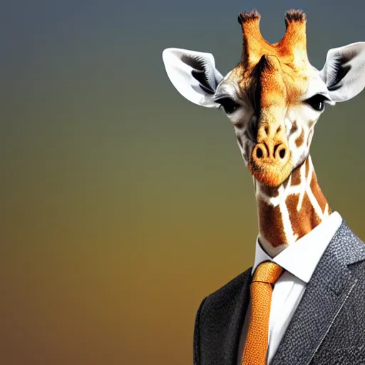 Prompt: giraffe wearing a suit and tie, ready for a meeting