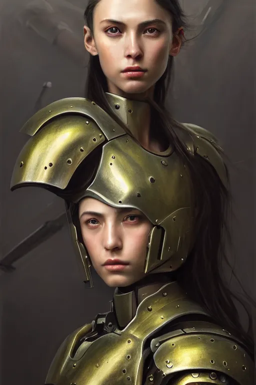 Image similar to a photorealistic painting of an attractive young girl, partially clothed in metal-plated battle armor, olive skin, long dark hair, beautiful bone structure, symmetrical face, perfect eyes, intricate, elegant, digital painting, concept art, illustration, sharp focus, minimal artifacts, from Metal Gear, in the style of Ruan Jia and Mandy Jurgens, by Greg Rutkowski, trending on Artstation, award winning