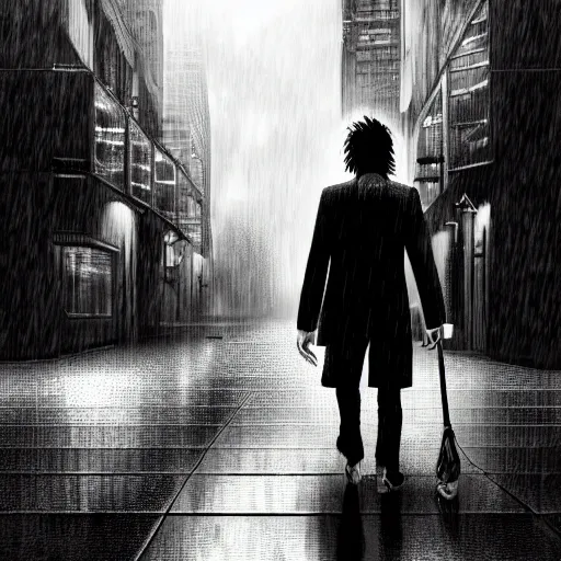 Image similar to black in white joker walking in the rain, night life buildings, small puppy dog in the background walking, sad mood, low angle, realistic, intricate, detailed, digital art, 4 k, 8 k, wallpaper, artstation trending