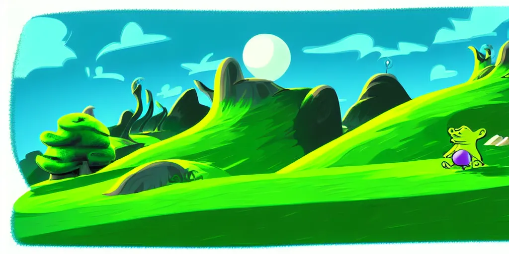 Prompt: night chubby cartoon concept art, grass mountain landscape, from sam and max, black blue green