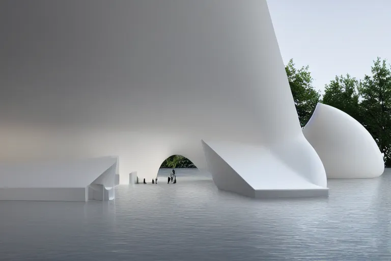 Image similar to a white egg shaped foam space relies on the building formed together. on the calm lake, people's perspective, future, interior wood, marble, award winning, highly detailed 4 k art, dusk, unreal engine highly rendered, global illumination, radial light, internal environment by kazuyo sejima and pierre cardin