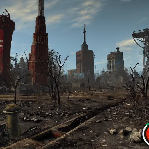 Image similar to Moscow in ruins post-nuclear war in Fallout 4, in game screenshot