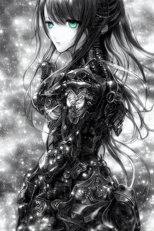 Image similar to a vertical portrait of a character in a scenic environment by Yoshitaka Amano, black and white, dreamy, cybernetic armor, wavy long black hair, highly detailed