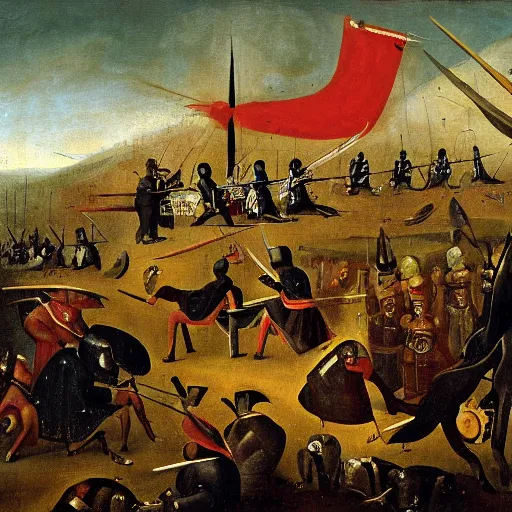 Image similar to a painting of napoleonic warfare, in the style of hieronymus bosch.