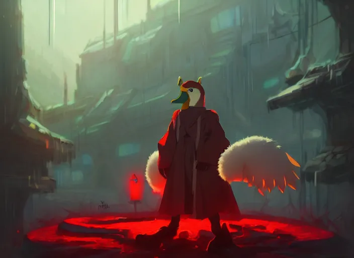 Image similar to cute fluffy mallard duck with vampire fangs wearing red cultist robe, details, cyberpunk, epic, sacrificial altar, landscape illustration concept art anime key visual trending pixiv fanbox by wlop and greg rutkowski and makoto shinkai and studio ghibli and kyoto animation symmetrical facial features