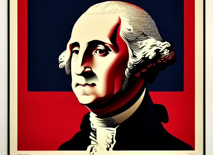 Image similar to portrait of George Washington,linocut,modern art deco, Mads Berg, Karolis Strautniekas,small finely stippled light, dramatic lighting,fine texutre,propaganda poster, editorial illustration, detailed, matte print, film noir, dynamic composition,moody,dark red, dark blue, beige, black, bauhaus, 1920s, 1930s