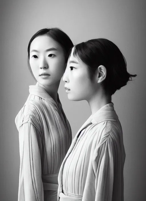 Image similar to portrait of erika ikuta and ikuta lilas, by charlotte grimm, natural light, detailed face, beautiful features, symmetrical, canon eos c 3 0 0, ƒ 1. 8, 3 5 mm, 8 k, medium - format print, half body shot