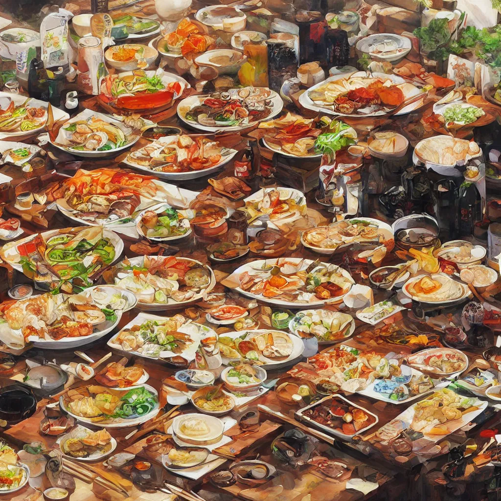 Image similar to a painting of a table full of japanese foods, concept art by taro yamamoto, pixiv contest winner, auto - destructive art, official art, concept art, pixiv