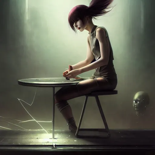 Prompt: broken [ cyborg girl ] by tom bagshaw, sitting on a metal table by ilya kuvshinov, rtx rendering in the style of tv series arcane, netflix, maya, extreme high intricate hyperrealistic details by wlop, digital anime art by ross tran, medium shot, close up shot, composition by sana takeda, dramatic lighting by greg rutkowski