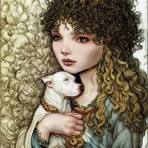 Image similar to elf girl with curly blonde hair pets a white pitbull, highly detailed, painting by rebecca guay