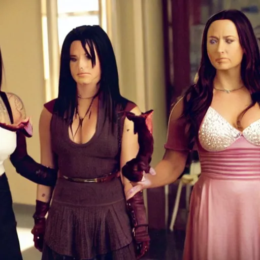 Image similar to close-up of Demi Lovato as Piper Halliwell, Selena Gomez as Phoebe Halliwell and Ariana Grande as Prue Halliwell in a Charmed movie directed by Christopher Nolan, movie still frame, promotional image, imax 35 mm footage