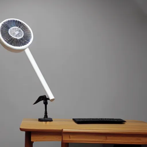 Prompt: desk fan with a tube attached to the back going all the way up to the cealing but not attached to the ceiling, professional photography, studio lighting