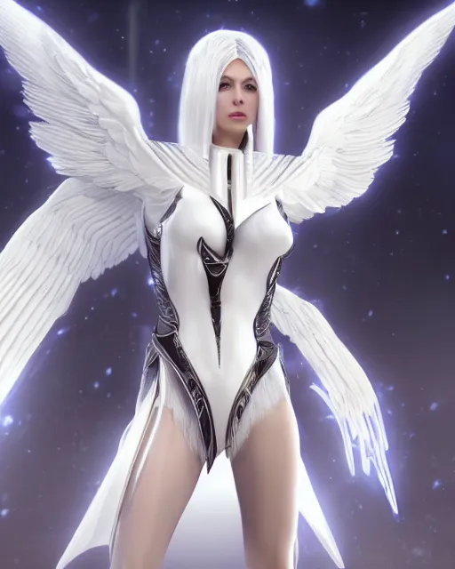 Image similar to perfect white haired attractive egyptian goddess with huge white dove wings, warframe armor, beautiful, engaging, symmetric, charlize theron, half asian, pretty face, blue eyes, scifi platform, laboratory, experiment, 4 k, ultra realistic, epic lighting, android body, illuminated, cinematic, masterpiece, art by akihito tsukushi, voidstar