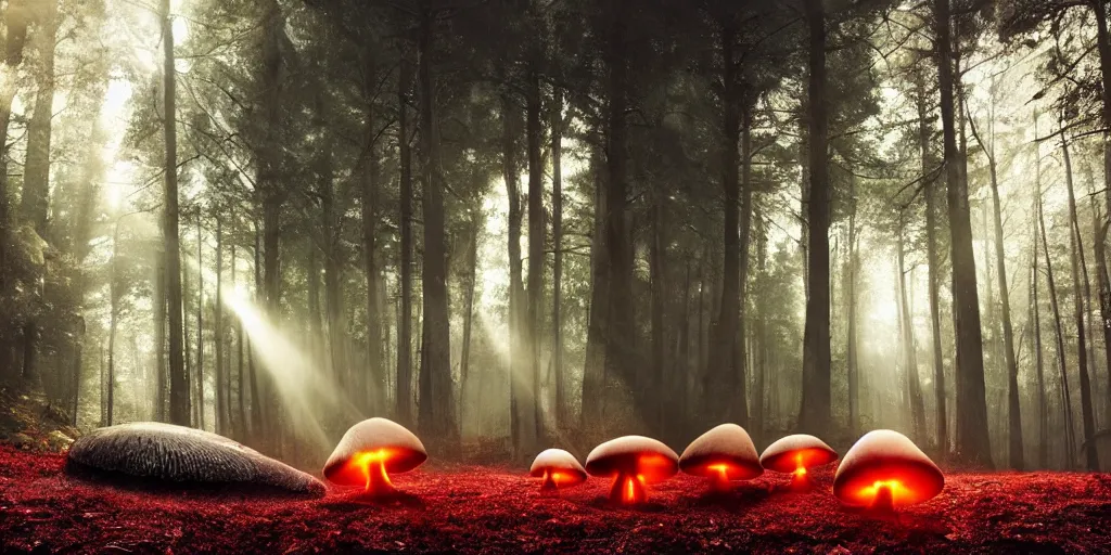 Image similar to Photo by Filip Hodas of the cinematic view of the Forest of the Giants, giant mushroom with a little transparency, some normal mushrooms on the floor, A very big red mushroom with white spots , photorealism, a few sun ray of lights falling, photo taken with canon 5D