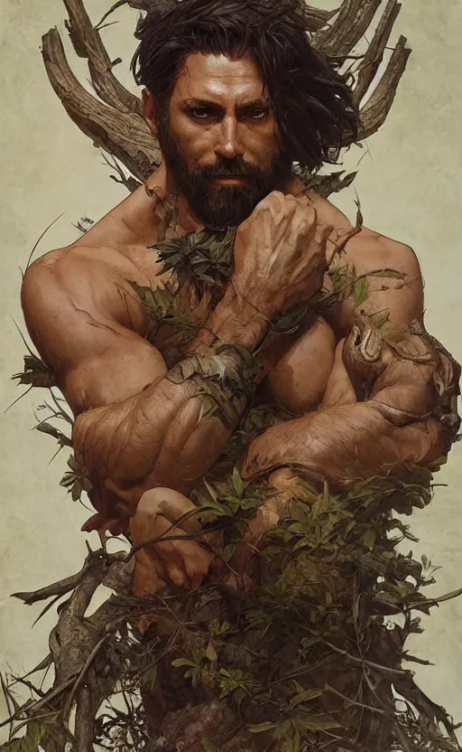 Prompt: god of the forest, 30 years old, rugged, male, gorgeous, detailed face face face face, amazing, thighs thighs thighs thighs, muscular, intricate, highly detailed, digital painting, artstation, concept art, sharp focus, illustration, art by greg rutkowski and alphonse mucha