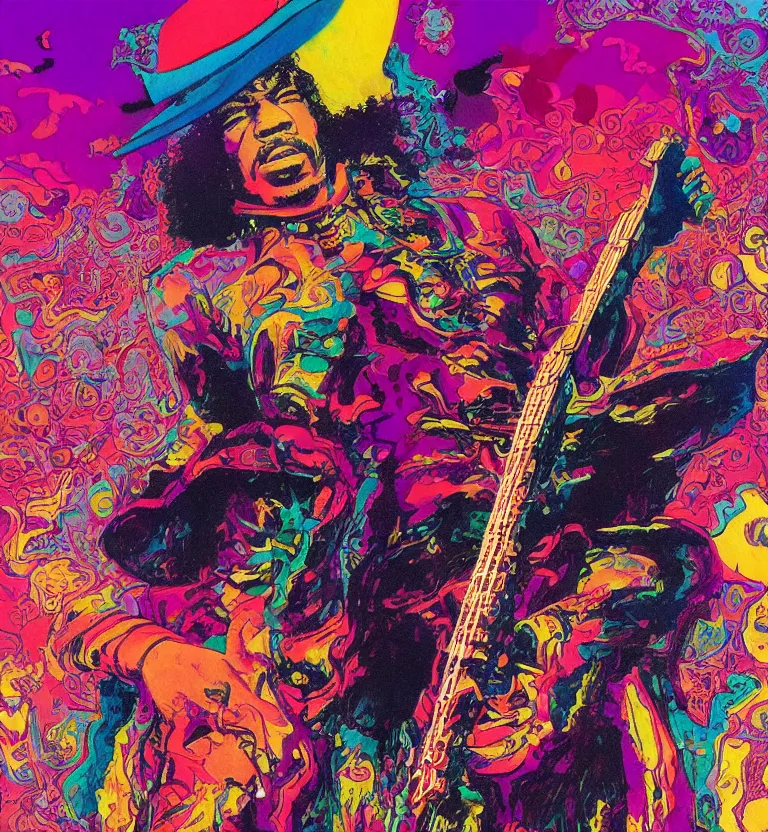 Image similar to jimi hendrix full body, colourful afrofuturist biomorphic scifi opart in background, by moebius, 8 k