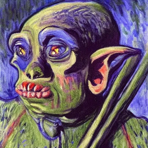 Prompt: a goblin wearing swords on his eyes painted by Monet