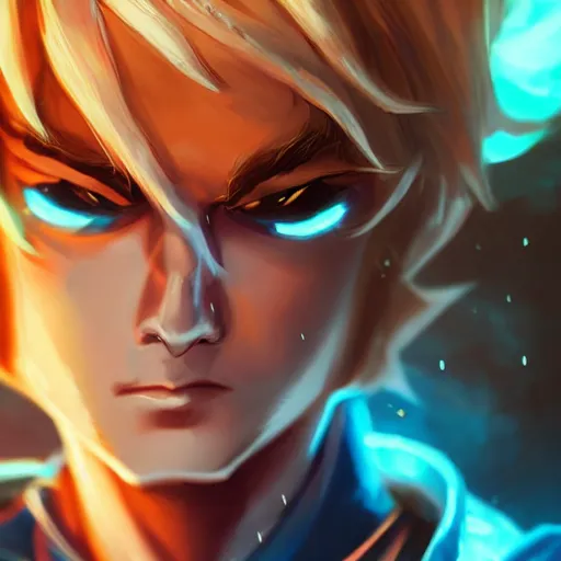 Image similar to league of legends character style of teenager boy, blonde hair, blue eyes, shows magic, close up, cinematic light, dark room, detailed, photo, 8K