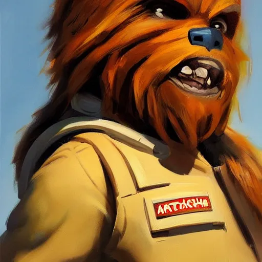 Image similar to greg manchess portrait painting of chewbacca as overwatch character, medium shot, asymmetrical, profile picture, organic painting, sunny day, matte painting, bold shapes, hard edges, street art, trending on artstation, by huang guangjian and gil elvgren and sachin teng