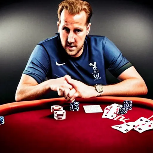 Image similar to promotional photo of harry kane playing greg raymer at a poker table, uhd, 8k, hyper detailed, wsop, poker,