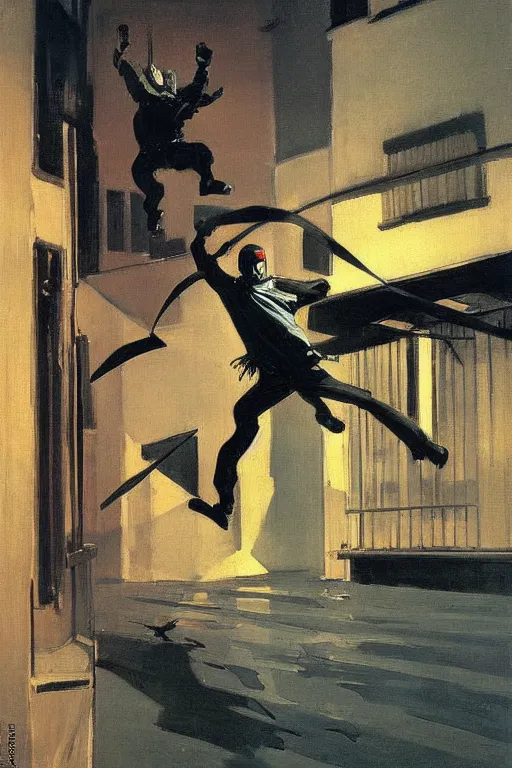 Image similar to a ninja jumping from the roof on a rainy night by joaquin sorolla, syd mead, boneface