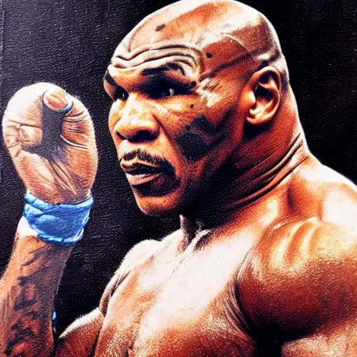 Prompt: portrait of mike tyson, determined, great detail, looking to the sky