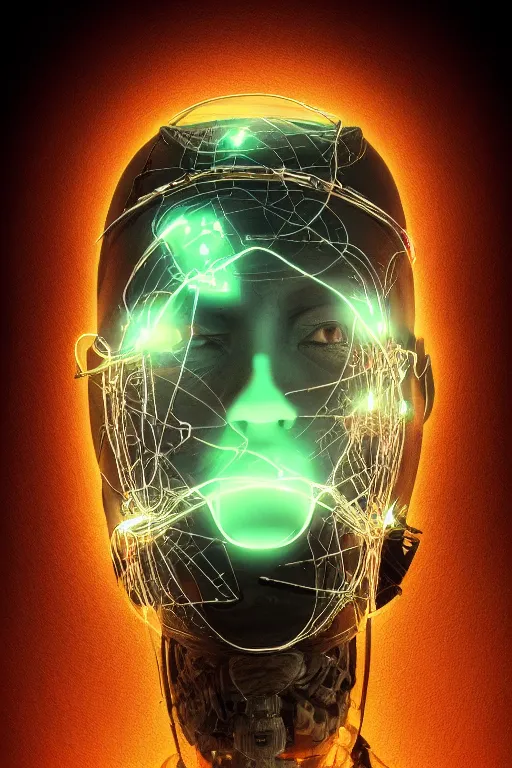 Image similar to organic cyborg head wrapped in barb wire by Jamie Coreth, trending on artstation, centered, symmetrical, cinematic lighting, hologram colors, bilateral symmetry, 80s poster, polished, thick smoke, retro dark vintage sci-fi, 2D matte illustration