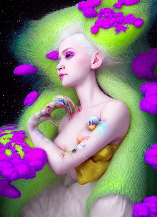 Image similar to hyper detailed 3d render like a Oil painting - kawaii portrait Aurora (white haired Singer Ferret) seen Eating of the Strangling network of yellowcake aerochrome and milky Fruit and Her delicate Hands hold of gossamer polyp blossoms bring iridescent fungal flowers whose spores black the foolish stars by Jacek Yerka, Mariusz Lewandowski, Houdini algorithmic generative render, Abstract brush strokes, Masterpiece, Edward Hopper and James Gilleard, Zdzislaw Beksinski, Mark Ryden, Wolfgang Lettl, hints of Yayoi Kasuma, octane render, 8k