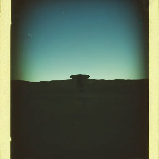 Image similar to a flying saucer hovering over the desert at night, distant!!, historical photo, old polaroid, expired film,