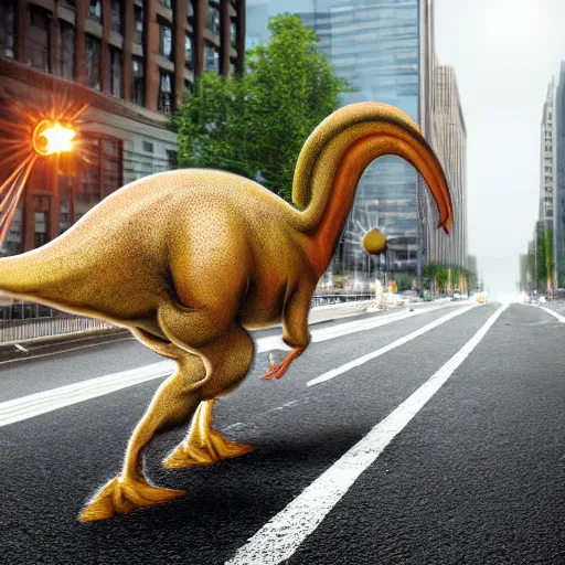 Prompt: realistic phitograph of parasaurolophus in the middle of a bussy street