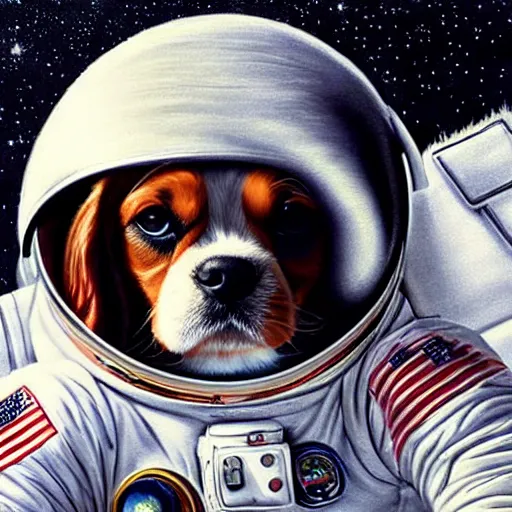Image similar to cavalier king charles spaniel, wearing an astronaut helmet, on the moon, art by artgerm and david a hardy